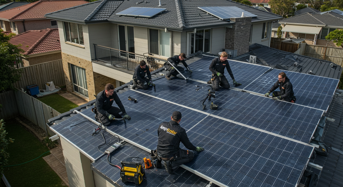 Solar panels on modern home rooftop with sunlight